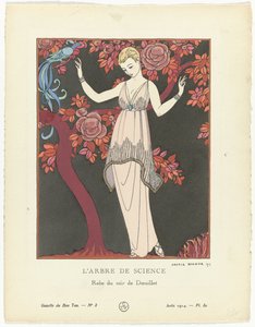 Gazette du Bon Ton 1914, No. 8, Pl. 80: The Tree of Knowledge / Evening Dress by Doeuillet by George Barbier