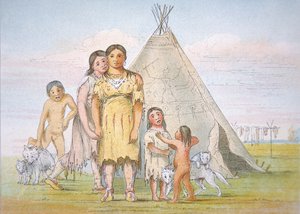 A Comanche family outside their teepee by George Catlin