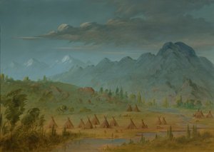 A Crow Village and the Salmon River Mountains by George Catlin