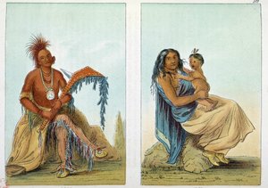 Indians of America: Portrait of a leader of the Osage called Clermont with his wife and son. Illustration by George Catlin by George Catlin