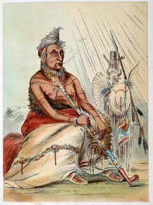 Indians of America: Portrait of an Old Indian Chief Smoking His Pipe Named The Black Moccasin. Illustration by George Catlin