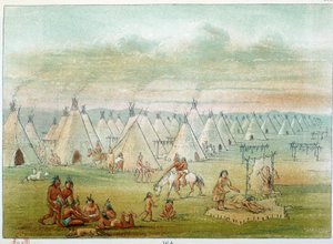Indians of America: village commanche the tents are made of bison skins. Illustration by George Catlin