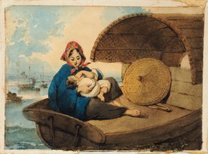 A Tanka Woman with her Child on a Boat