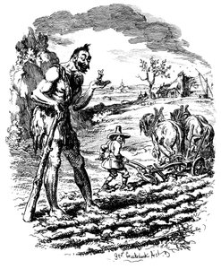 A Giant Stands in a Field as a Farmer Ploughs