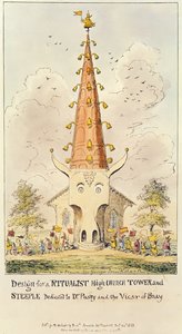 Design for a Ritualist High Church Tower and Steeple, Dedicated to Dr. Pusey and the Vicar of Bray, 1868