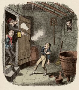 Oliver surprised and wounded during the attempted burglary - The Burglary - Illustration for "Oliver Twist" by George Cruikshank