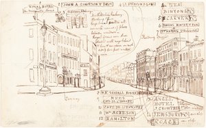 Street Perspective with Places of Business Labeled by George Cruikshank