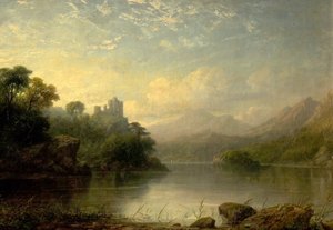 Lake Scene with Ruined Castle and Mountains, 19th Century by George F. Buchanan