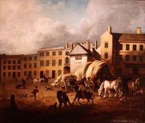 18th Century Town Scene with Figures and Horses in a Yard