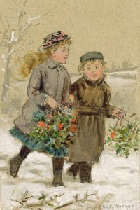 Children Playing in the Snow - Collecting Holly