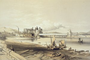Conway Bridge, Construction of Second Tube, September 1848, engraved by the artist by George Hawkins