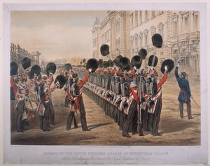 Parade of the Scots Fusilier Guards at Buckingham Palace on the Morning of their Departure for the Seat of War (engraved by E. Walker, published by Colnaghi und Co.) by George Housman Thomas