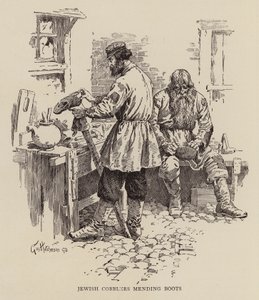 Jewish cobblers mending boots by George Hutchinson