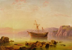 A ship at anchor in a bay at sunset