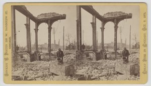 Stereograph of a Man Cooling a Safe Among the Ruins After the Chicago Fire of 1871, 1871
