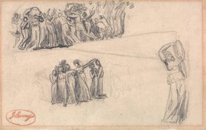 Two Sketches of Women and Children Fleeing and Standing Female Figure Playing Tambourine (detail)