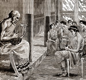 A school in ancient Greece: the teacher teaches the pupils to play the lyre by George Roux