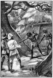 Illustration by George Roux for the Book by Jules Verne The Aerien Village, Hetzel Edition/Extraordinary Voyages, Known and Unknown Worlds. Two Wagdiss Sentinels Threaten Explorers with Their Branched Weapons