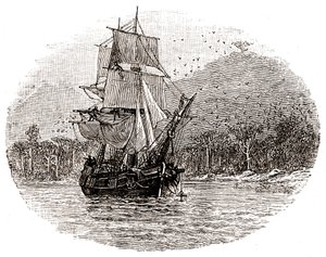 The Hispaniola drops anchor off the island by George Roux
