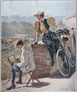 Watercolour and Cycling - Lithography by Georges Roux, circa 1900 by George Roux