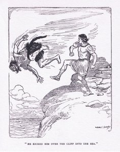 He kicked him over the cliff in the sea, from The Heroes