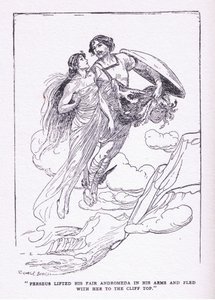 Perseus lifted his fair Andromeda in his arms and fled with her to the cliff tops, from The Heroes published by George Allen and Unwin 1929