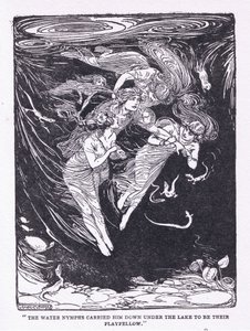 The water nymphs carried him down the lake to their playfellow, from The Heroes published by George Allen and Unwin 1929