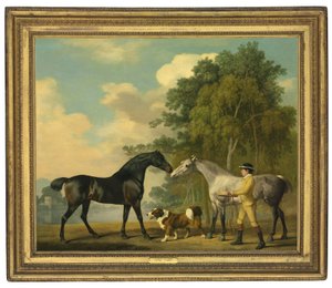 Two Hunters with a Young Groom and a Dog by a Lake by George Stubbs