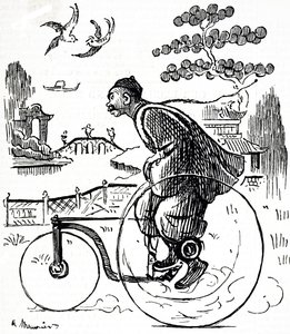 A cartoon depicting a Chinese man riding a tricycle through a park in China by George du Maurier