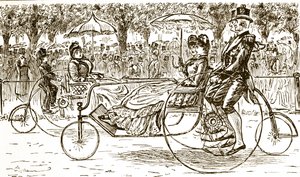 Passengers riding in bicycle carriages by George du Maurier