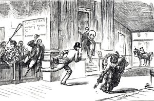 Cartoon depicting Doctor Meilanion Jones, outstripped in the race for patients by Doctress Atlanta Robinson by George du Maurier