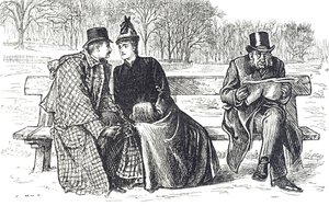 Cartoon depicting a couple exchanging endearments on a park bench, with a disapproving onlooker by George du Maurier