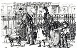 Cartoon depicting a family walking the streets of Victorian London by George du Maurier