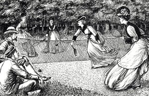 Cartoon depicting a game of lawn tennis