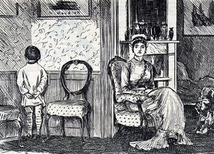 Cartoon depicting a mother punishing her son by making him stand facing the wall by George du Maurier
