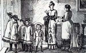 Cartoon depicting a mother with her brood by George du Maurier