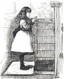 Cartoon depicting a young girl standing in front of a large fireguard