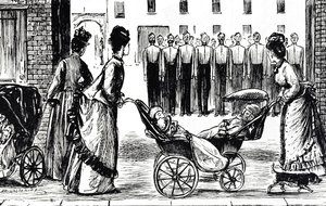 Cartoon depicting nursemaids wheeling their carriages past the barracks by George du Maurier
