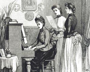 Engraving depicting young ladies singing in the drawing room by George du Maurier