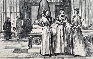 Three Women Wearing Full Length Coats, in a Museum by George du Maurier