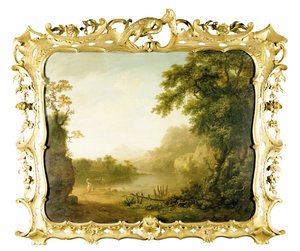An Italianate Wooded River Landscape with Figures in the Foreground and a Village Beyond