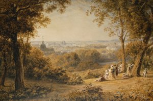 A View of Versailles with Elegant Figures in the Foreground at Sunset by George the Younger Barret