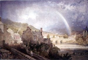 Village and Bridge of Llangollen, North Wales, with Rainbow Effect by George the Younger Barret