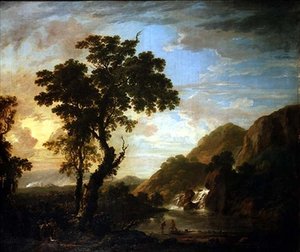 Wooded river landscape with figures in the foreground and cascade beyond by George the Younger Barret