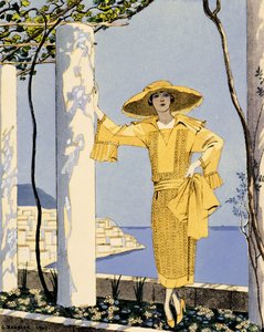 Amalfi, illustration of a woman in a yellow dress by Worth