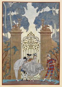 Colombine. People standing outside a gate. A Pierrot.