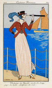 Yacht Costume: Red Cloth Jacket, Stripey Linen Skirt, Leather Hat and Blue Scarf by Georges Barbier