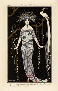 Grand Evening Dress in Silver Brocade, Blue Wig and Feathers by Georges Barbier