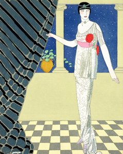 My Guests Have Not Arrived, illustration of a woman in a dress by Redfern by Georges Barbier