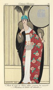 "White Crêpe de Chine Dress Trimmed with Fox. Otter and Skunk Coat"